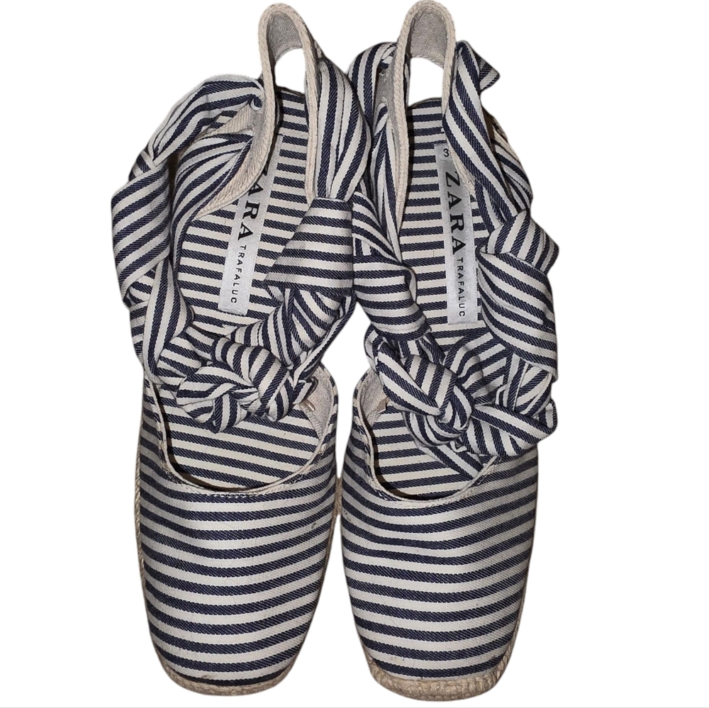 Zara Trafaluc blue & white canvas ankle wrap strap wedge espadrilles Size 36